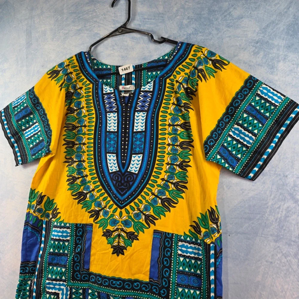 Fresca Mens Dashiki Shirt Yellow Blue African‎ Print Cotton V-Neck Pockets Small